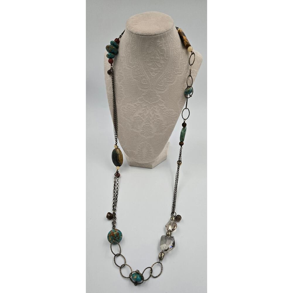 Long Boho Necklace with Various Beads Including Faux Turquoise and Faux Amber